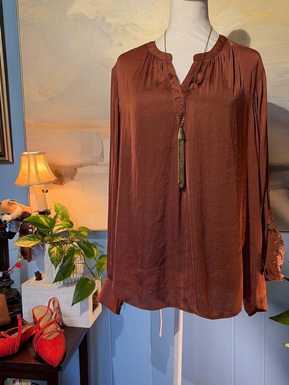 Simply Vera Vera Wang Rust Satin V-Neck Long-Sleeve Blouse